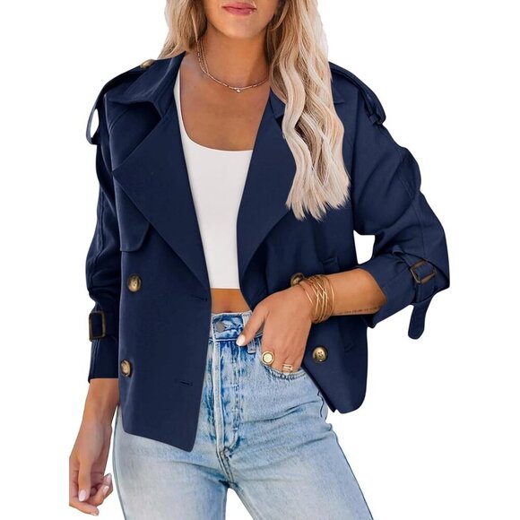 Jackets & Blazers - Women's Dark Blue Crop Double Breasted Trench Coat Raglan Sleeve Cropped Jacket